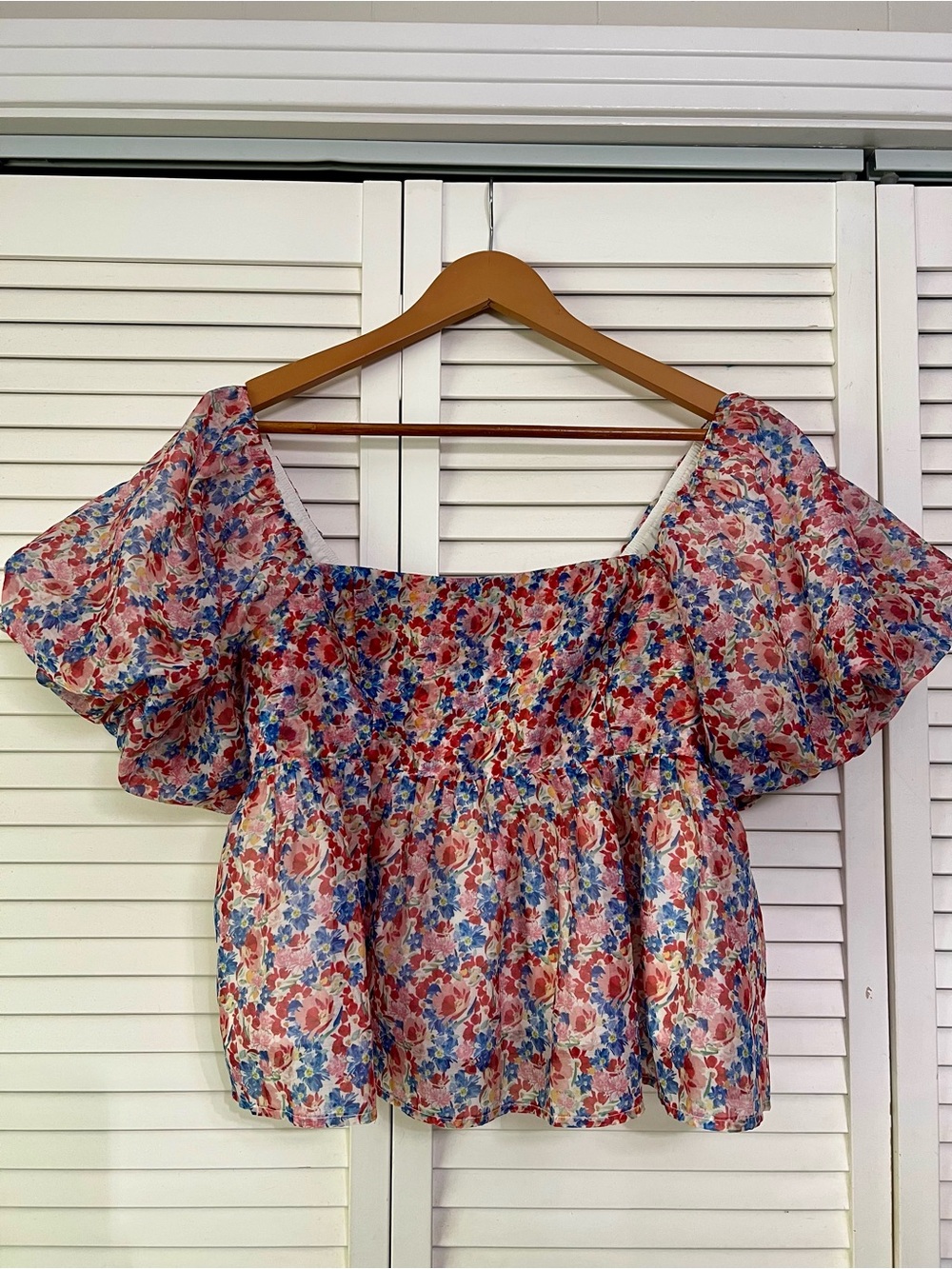 Lush Floral Off-Shoulder Peplum Top - Pink, Blue & Red